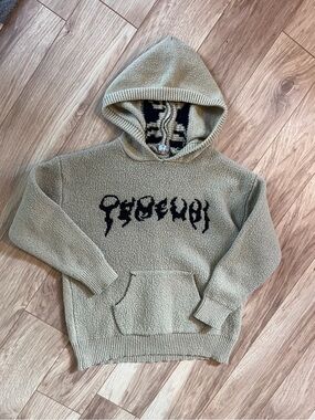 Men's Olive Green Hooded Knit Pullover Sweatshirt with Black Script